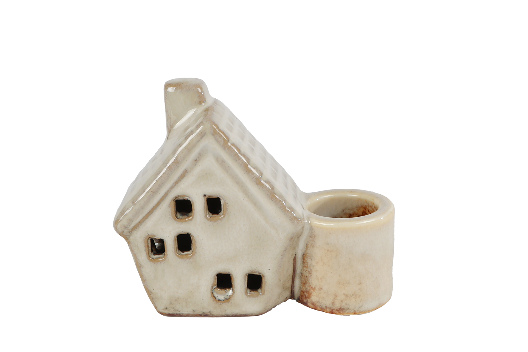Kandelaar Huisje aardewerk beige 8x3x7cm assorti