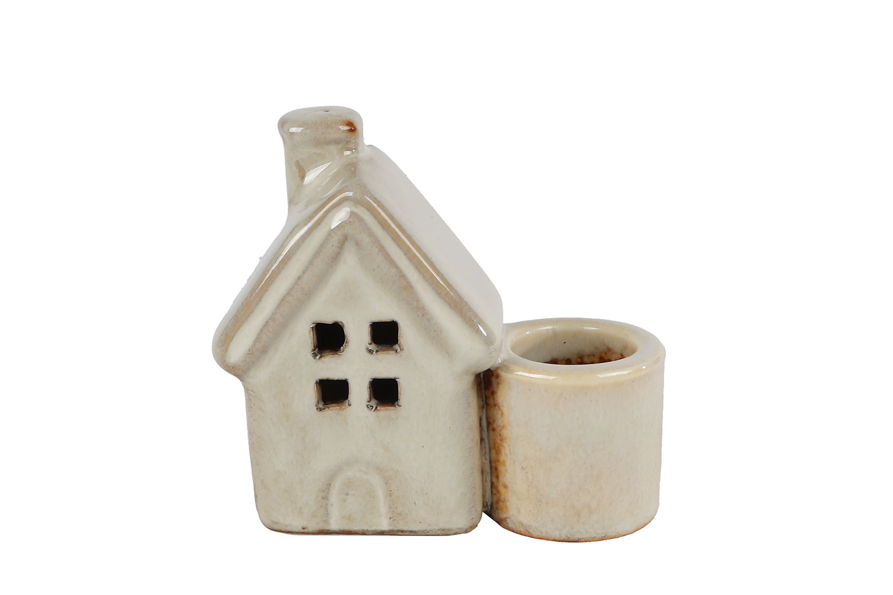 Kandelaar Huisje aardewerk beige 8x3x7cm assorti