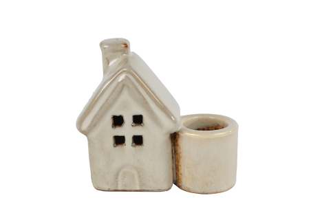 Kandelaar Huisje aardewerk beige 8x3x7cm assorti