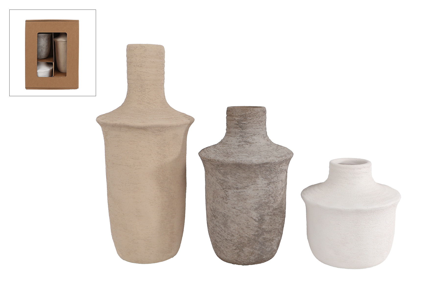 Vaas Jae set 3 stuks licht bruin/grijs/wit aardew 10x10x24cm