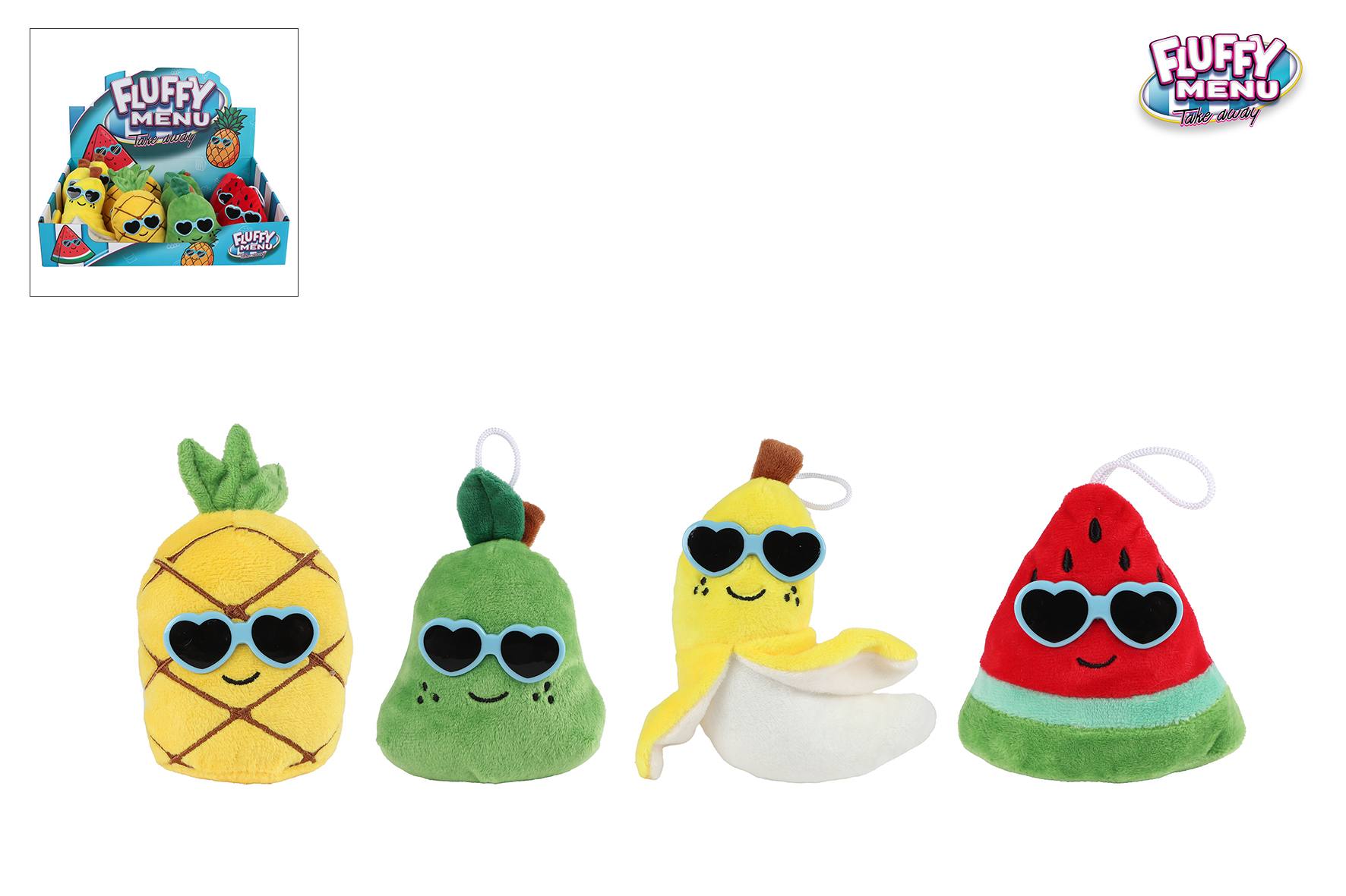 Fluffy Menu fruit pluche met zonnebril 4ass 6cm