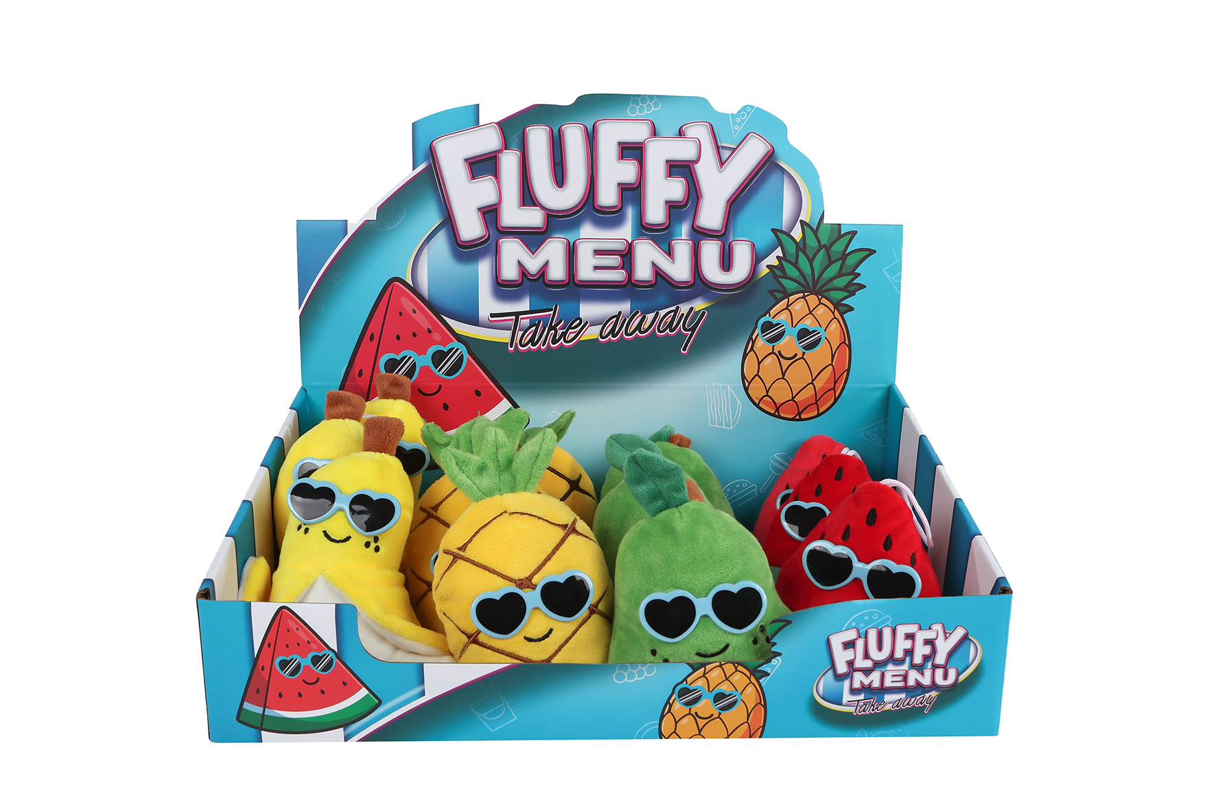 Fluffy Menu fruit pluche met zonnebril 4ass 6cm