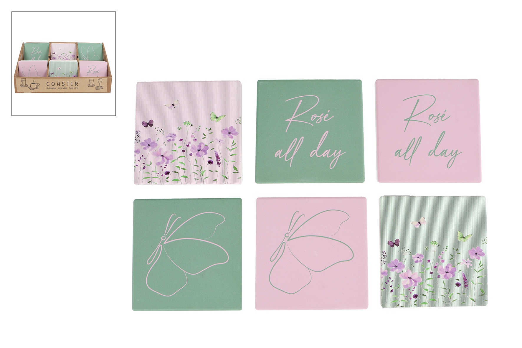 Onderzetter Floral aardewerk roze/groen 10x10x0,7cm assorti