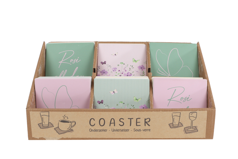 Onderzetter Floral aardewerk roze/groen 10x10x0,7cm assorti