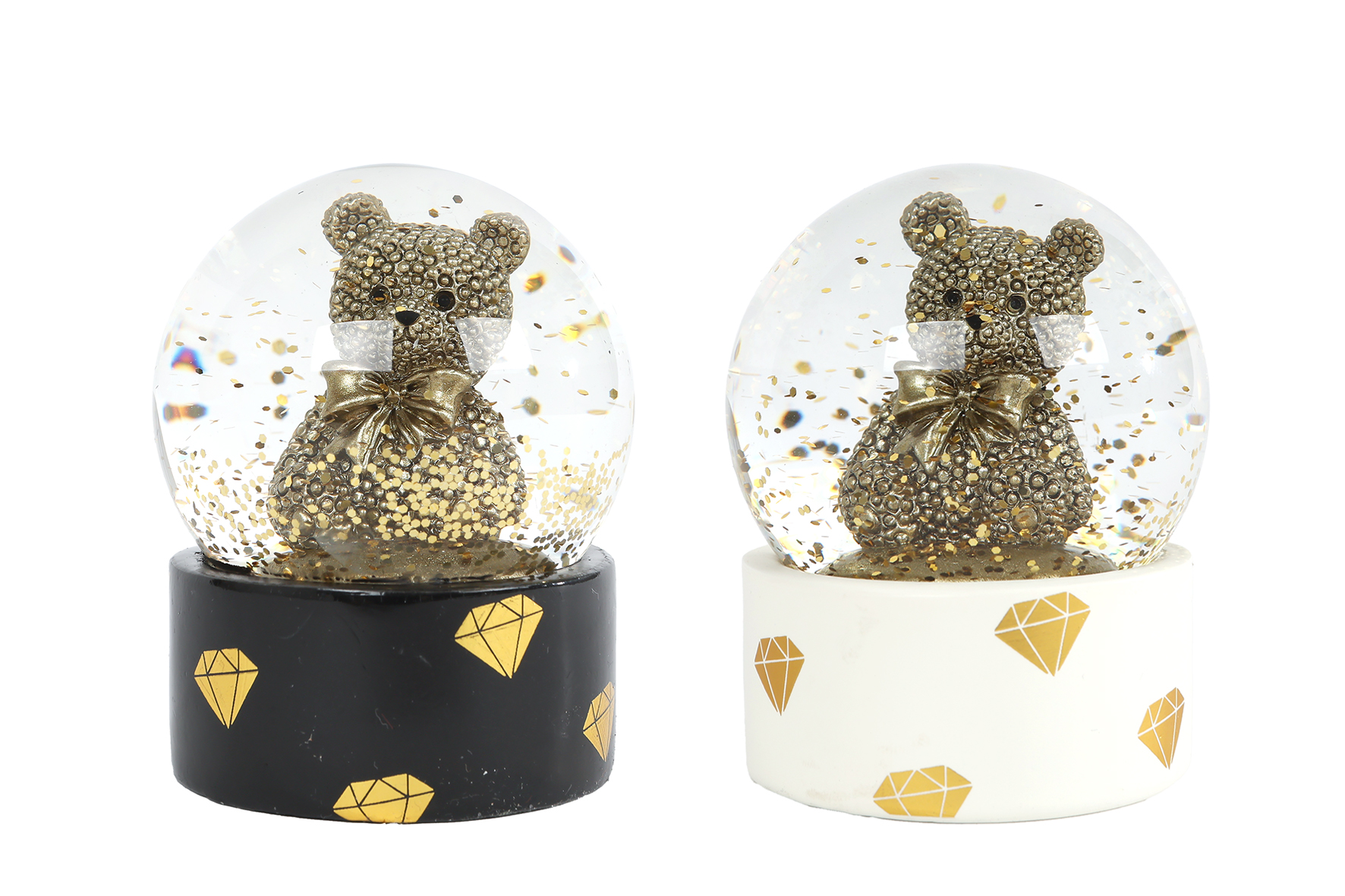 Sneeuwbol Teddybeer glinster goud/zwart polystone 7x7x9,5cm