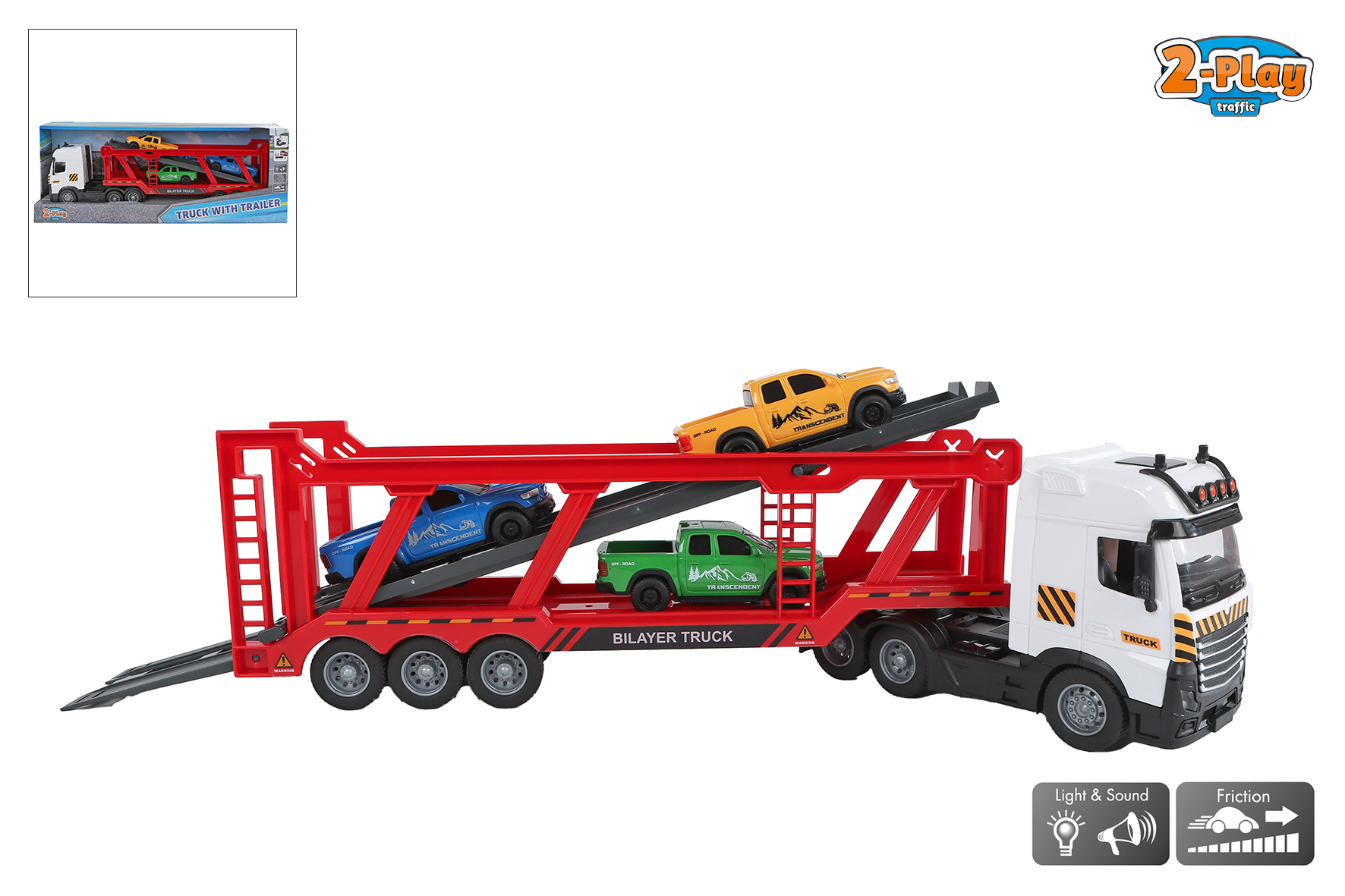 2-Play Vrachtwagen autotransporter incl autos frictie met L/