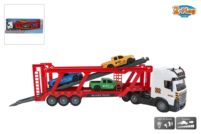 2-Play Vrachtwagen autotransporter incl autos frictie met L/