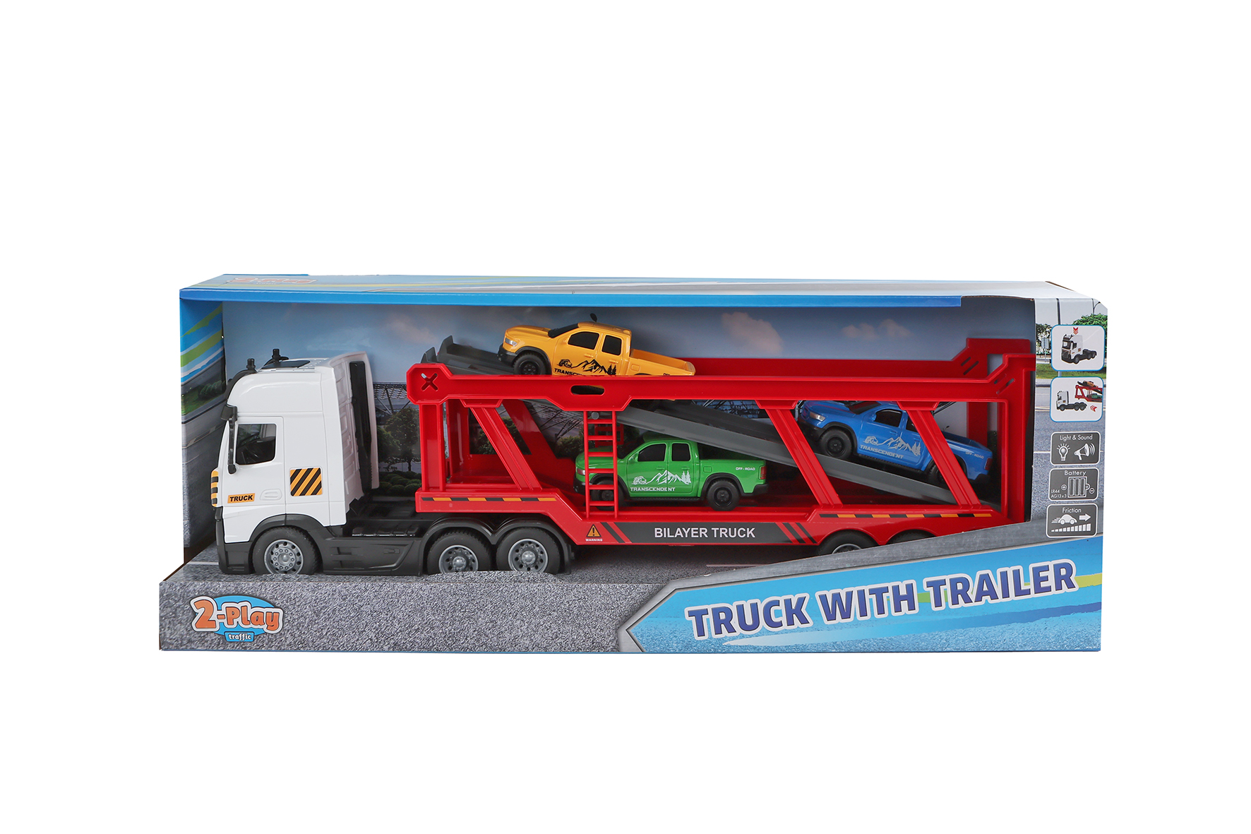 2-Play Vrachtwagen autotransporter incl autos frictie met L/