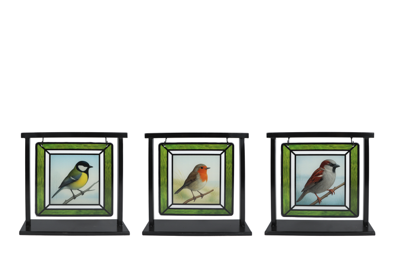 Deco Suncatcher Bird glas-in-lood/metaal 30x6x27,5cm 3ass.