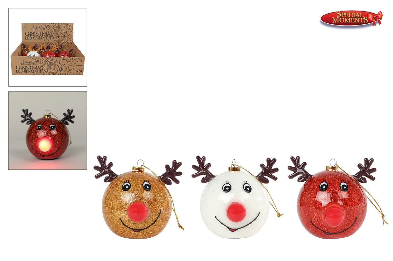 Decoratie bal LED "mas Deer glitter polyfoam 9x9x8cm assorti
