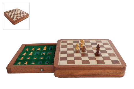 Spel Chess met lade magnetisch naturel acacia 17x17x3cm