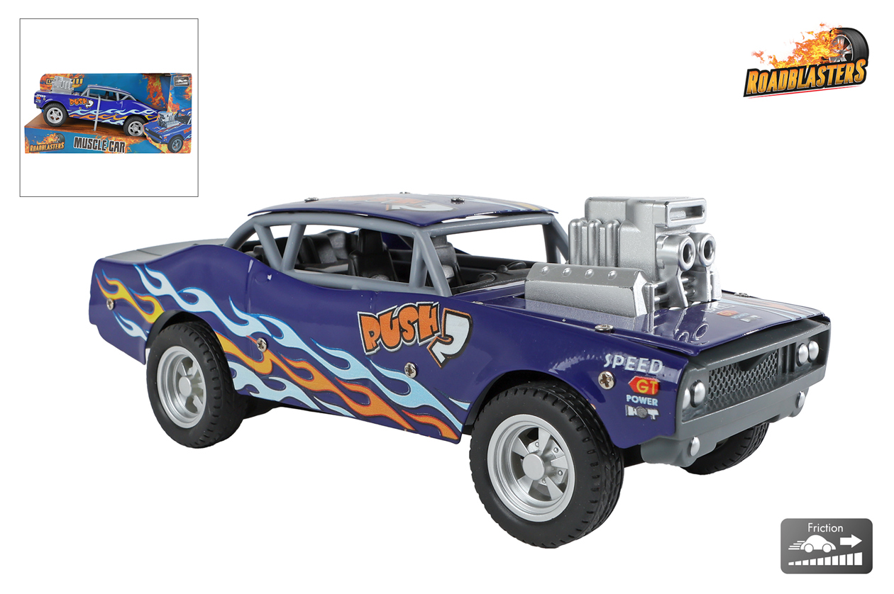 Roadblasters muscle car blauw frictie die cast 20cm