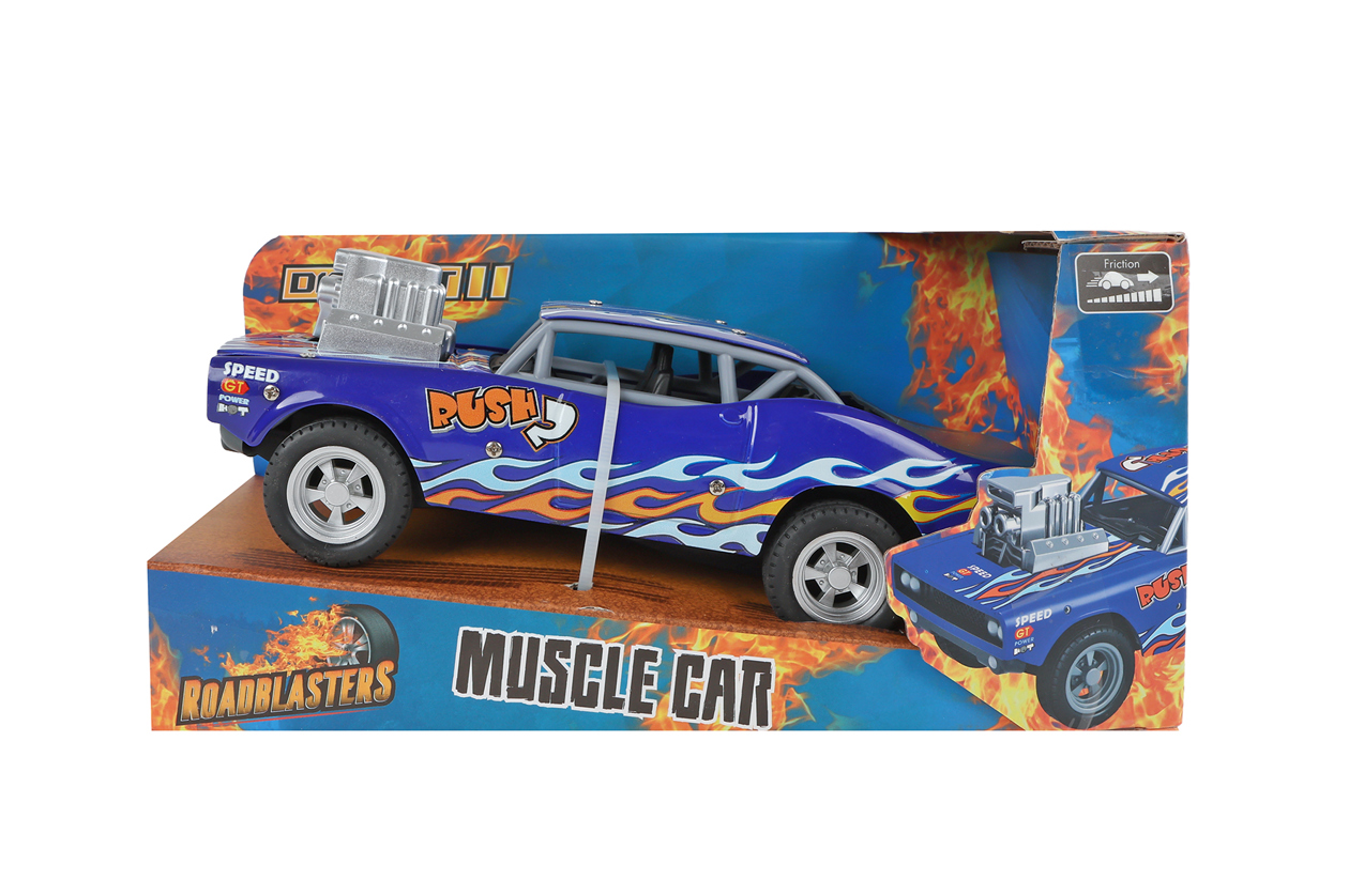 Roadblasters muscle car blauw frictie die cast 20cm