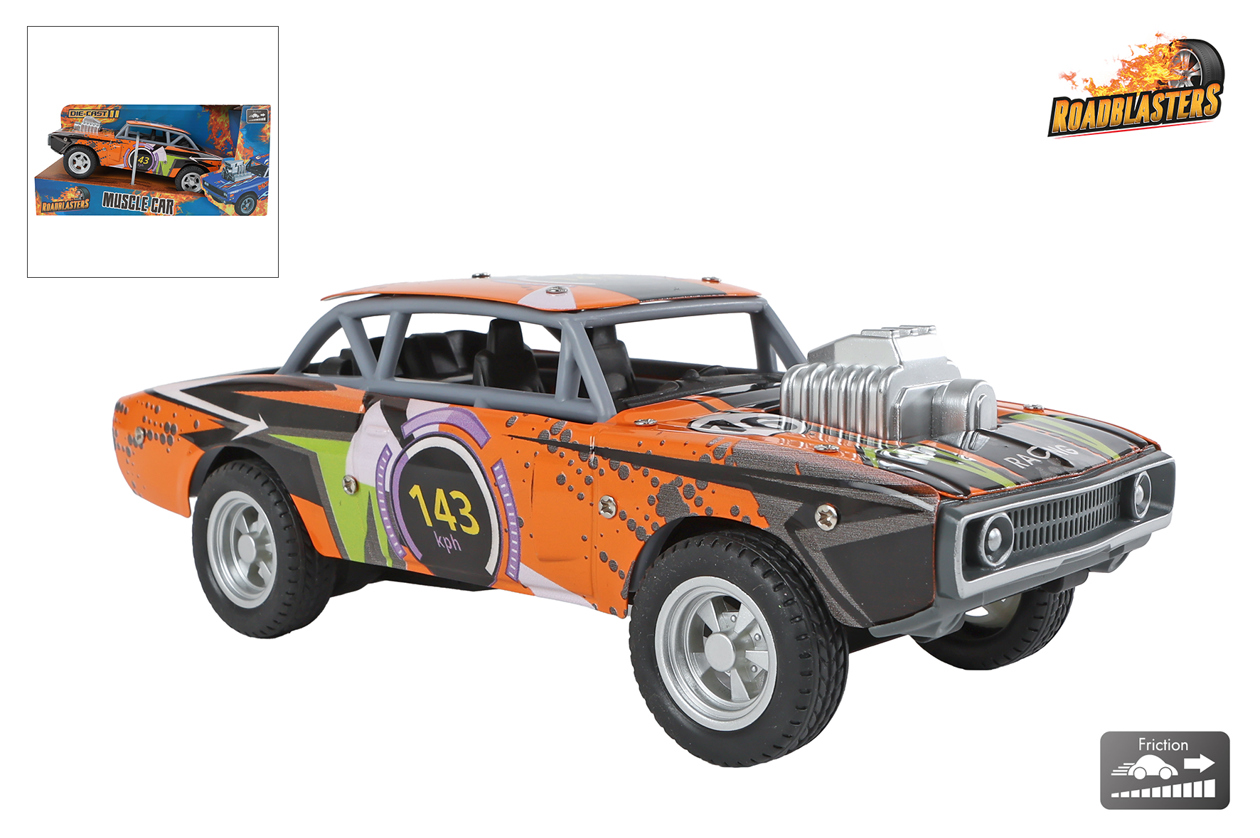 Roadblasters muscle car oranje frictie die cast 20cm