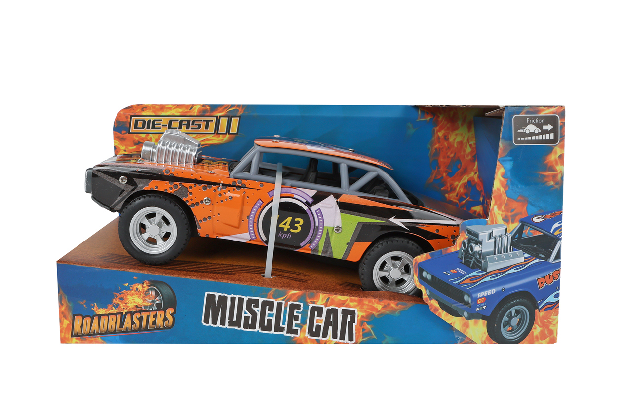 Roadblasters muscle car oranje frictie die cast 20cm