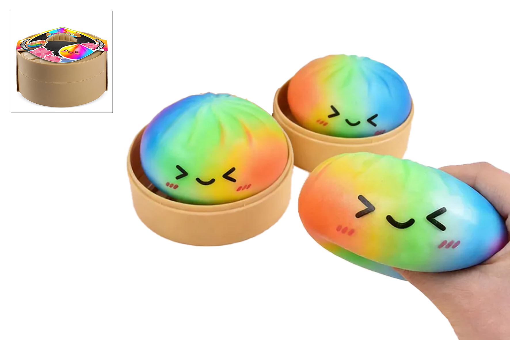 Squishy dumpling foam 8,5cm in stoommand regenboog 10cm