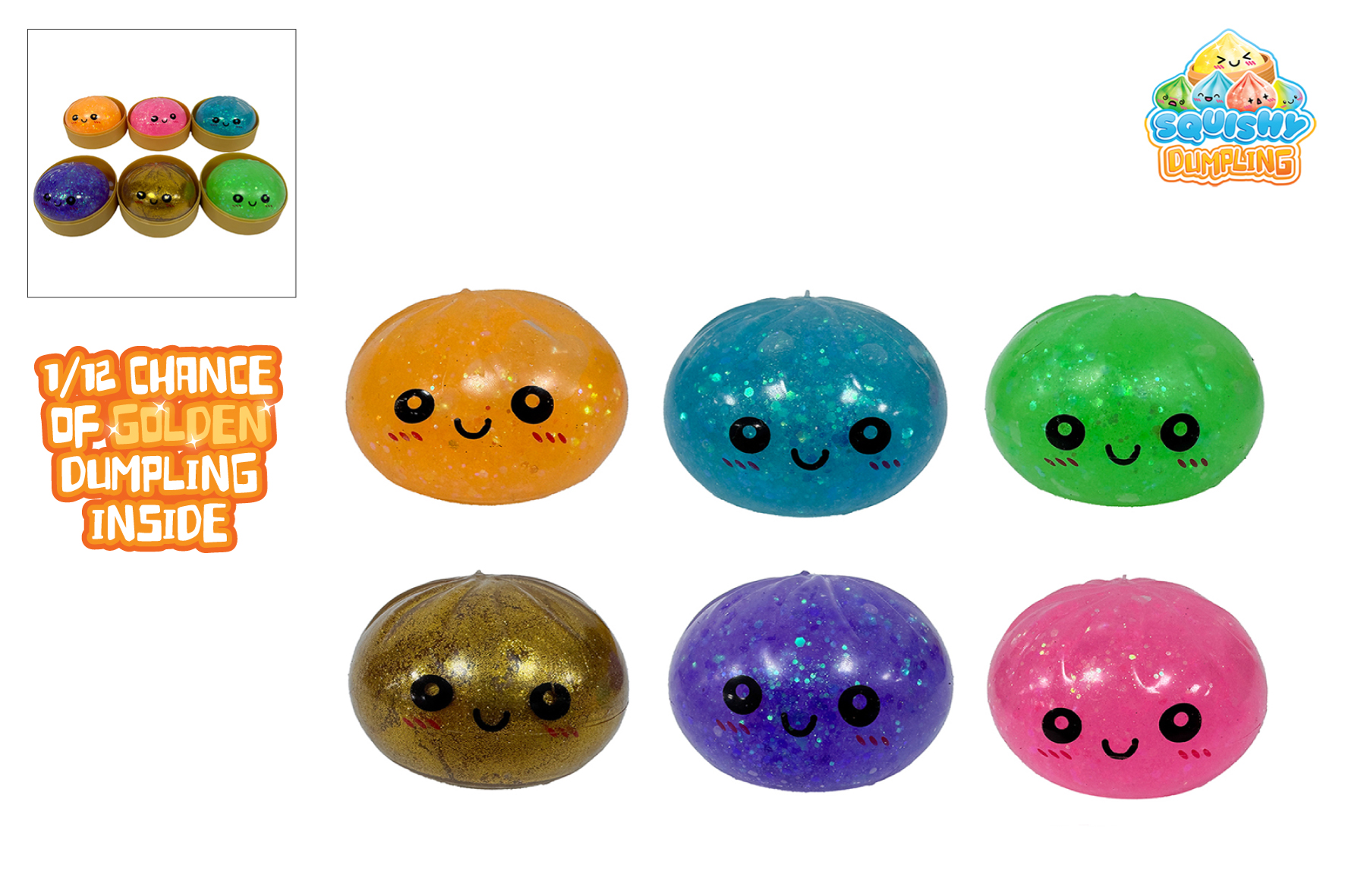 Squishy glitterslijm dumpling 8,5cm in stoommand 10cm