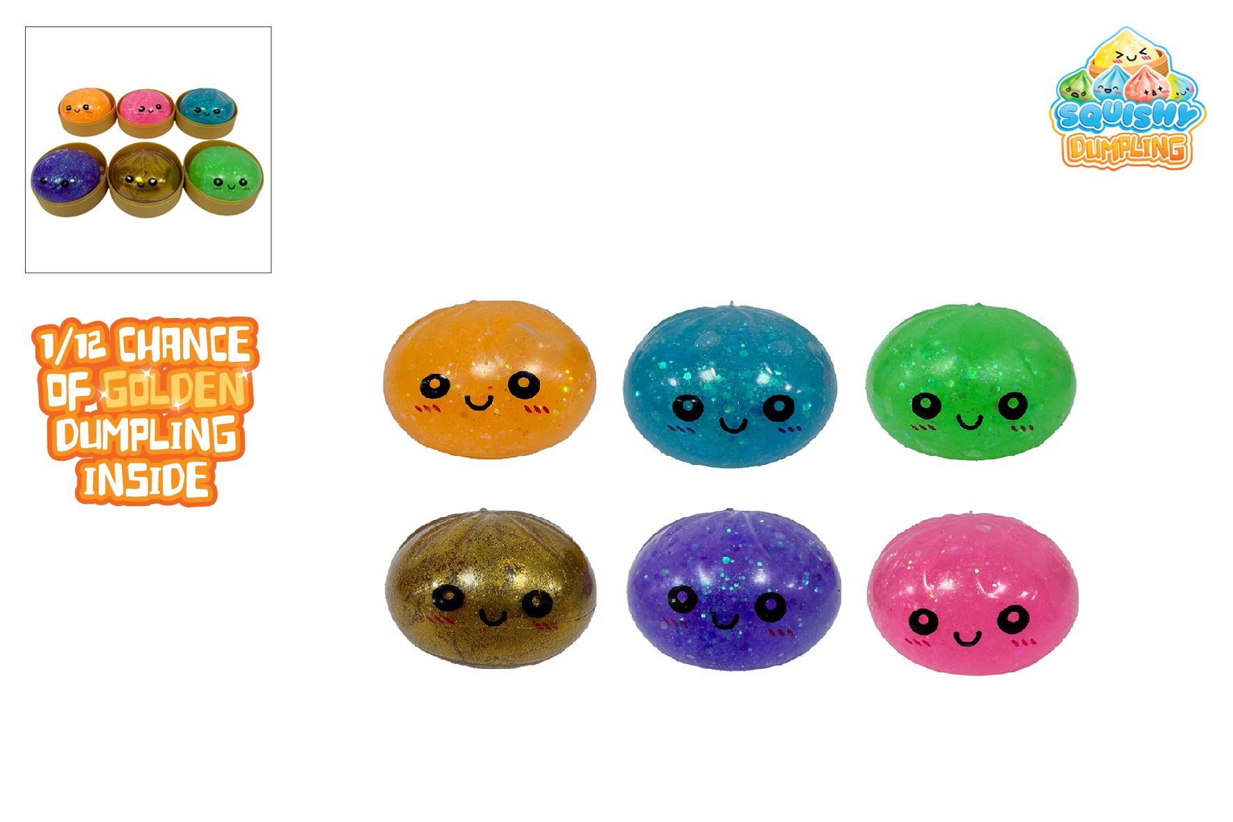 Squishy glitterslijm dumpling 5,8cm in stoommand 6,5cm