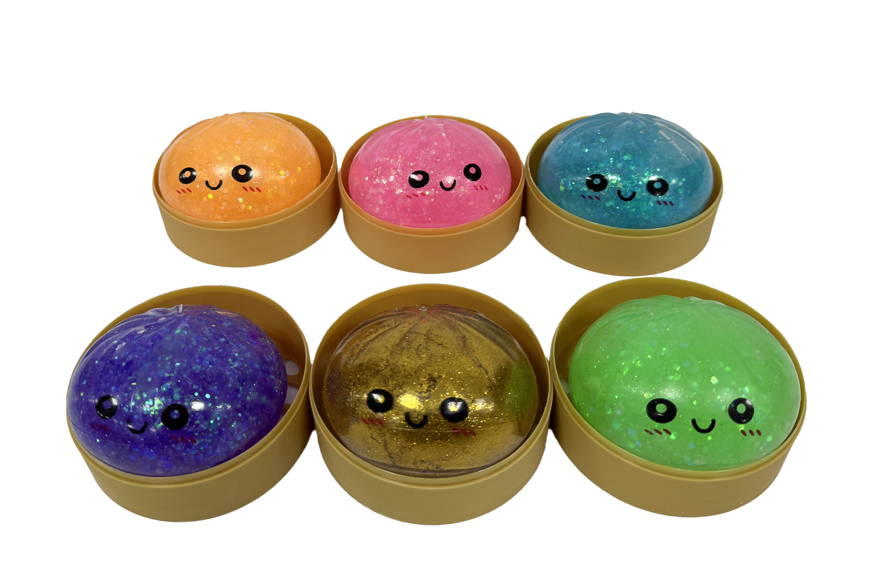 Squishy glitterslijm dumpling 5,8cm in stoommand 6,5cm