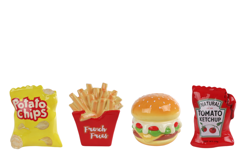 Spaarpot Snacks/Saus aardewerk 12x16x5cm 4 assorti