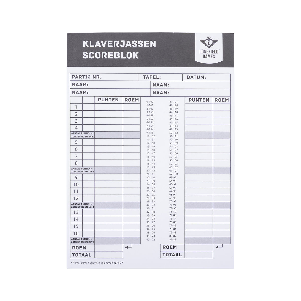 Klaverjas scoreblok (50 vellen)