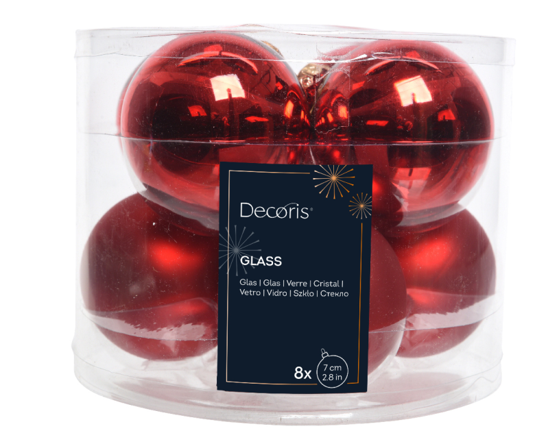 Kerstbal Glas 7.00cm 8 stuks - Rood