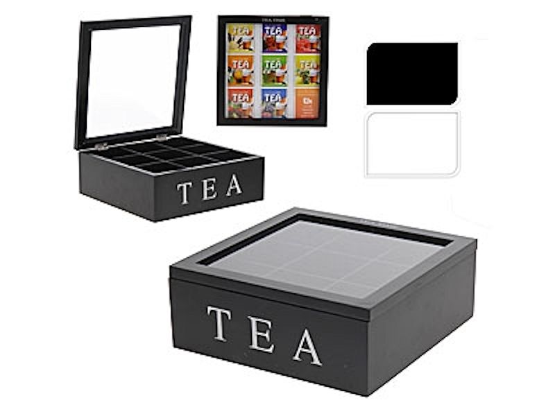 Theedoos 9-vaks zwart hout 23x23x9cm