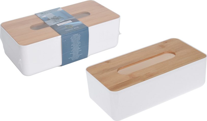 Tissuehouder wit met bamboe deksel 26x13x8cm