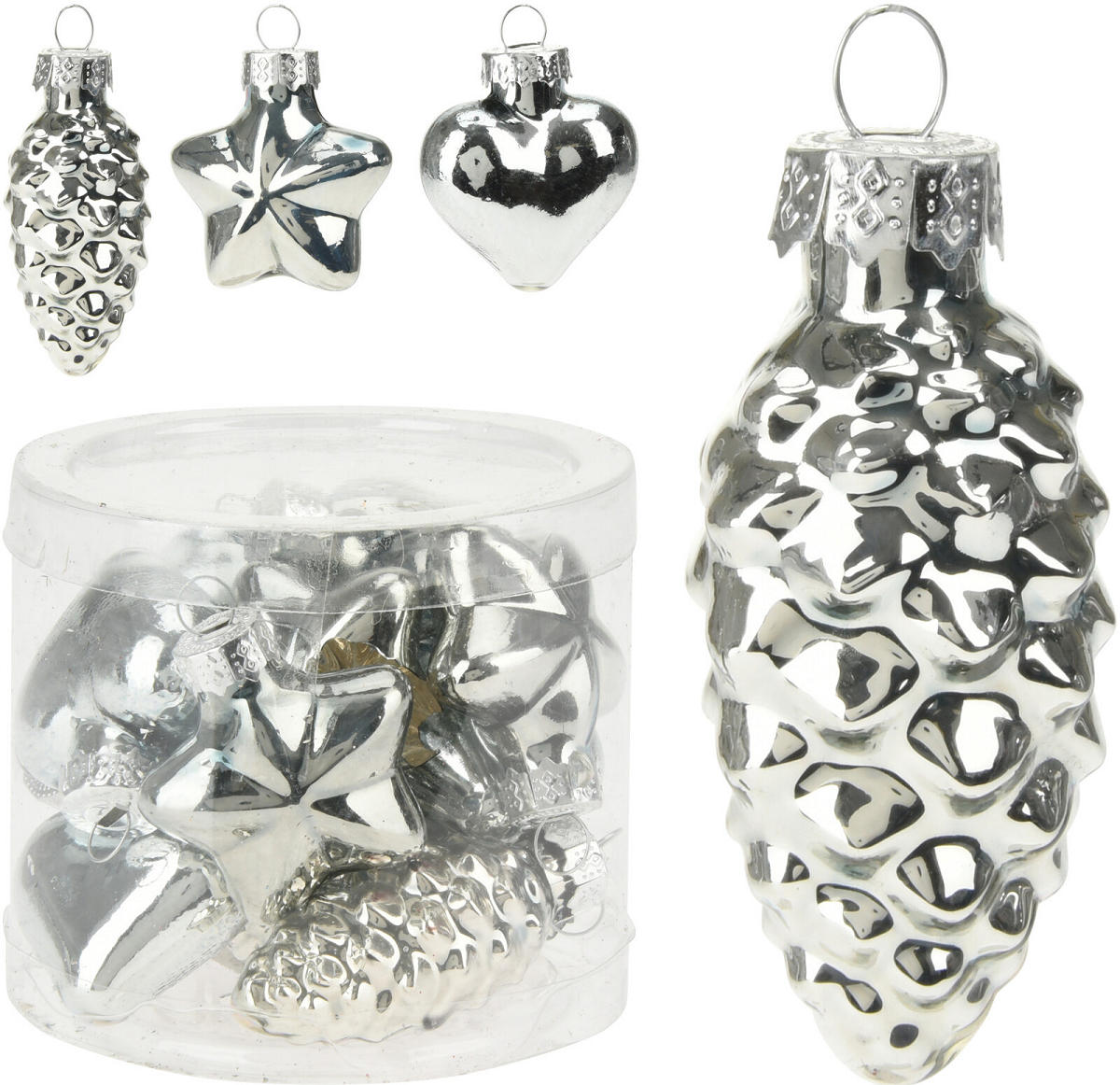 Kerstbal glas figuur 12 stuks assorti - Zilver