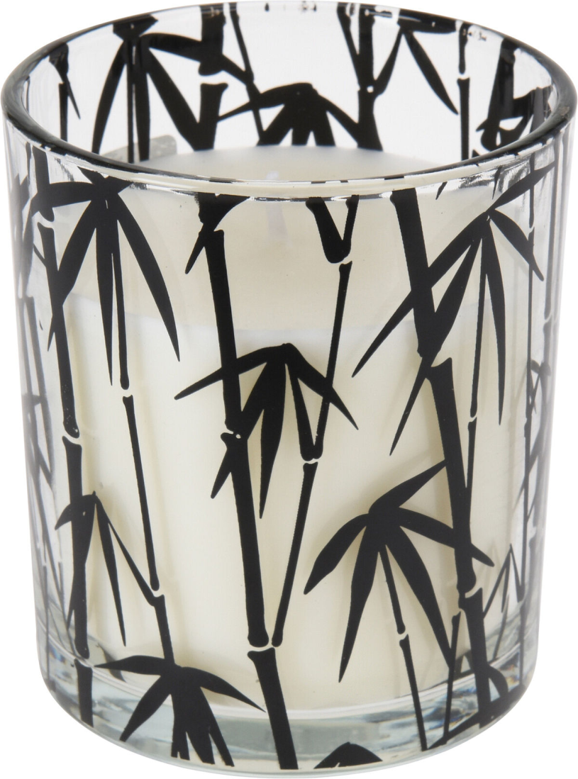 Kaars in glazen pot met palm print en houten deksel 11x9cm