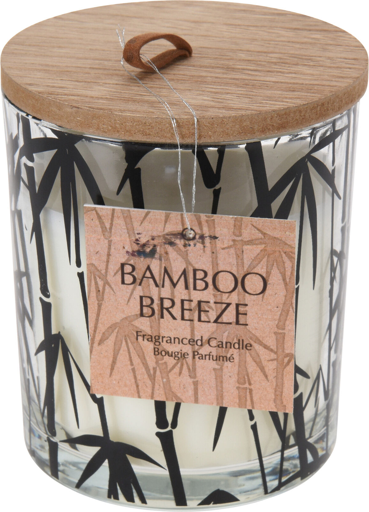 Kaars in glazen pot met palm print en houten deksel 11x9cm