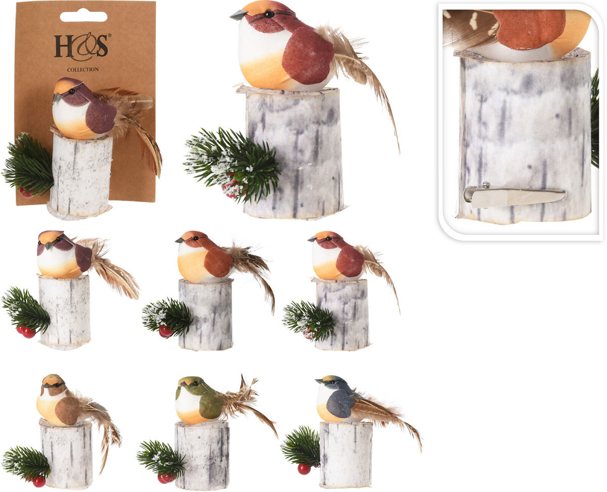 Deco Vogel met stronk op clip 6 assorti