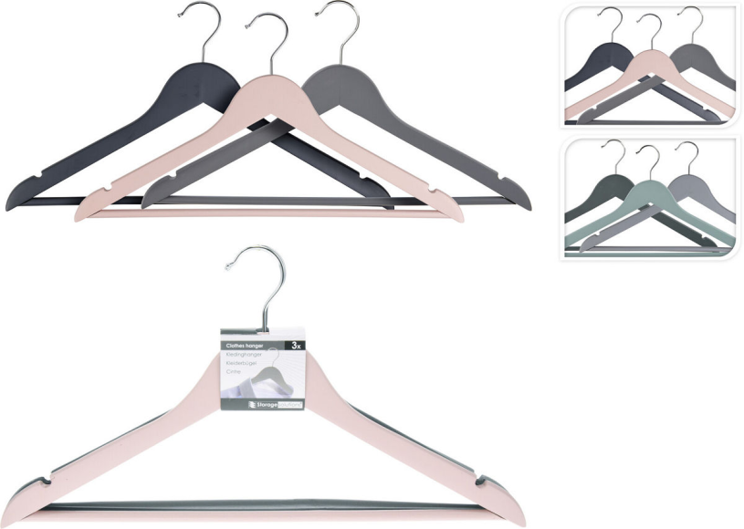 Kledinghanger hout set 3 stuks assorti kleur