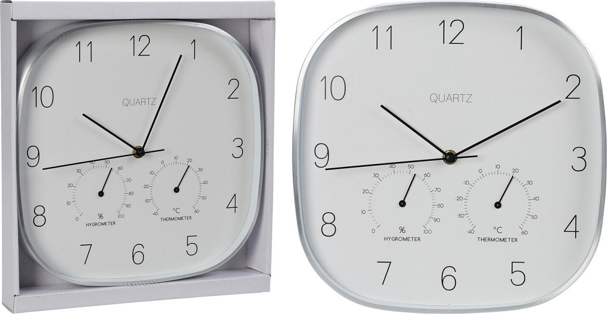 Wandklok Aluminium met hygro en thermometer 28,5x4cm