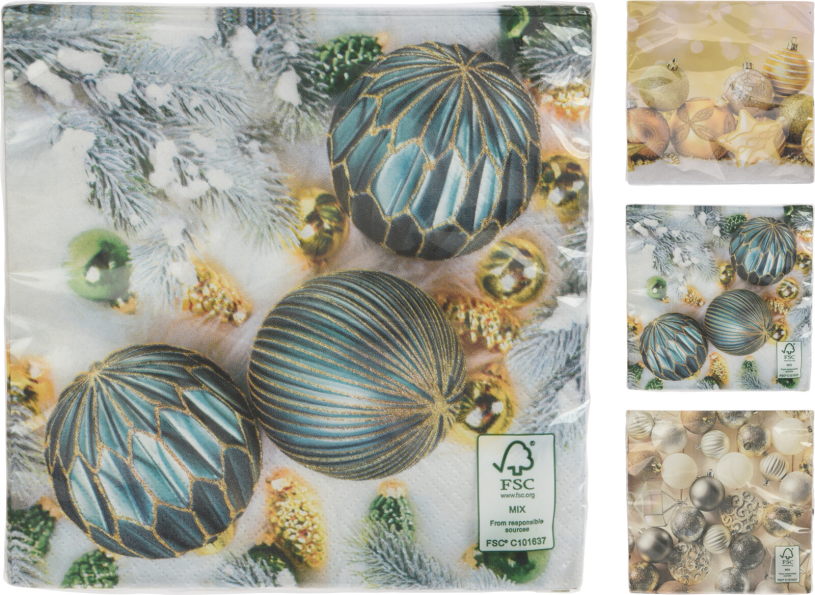 Kerst Servetten Kerstballen 33x33cm 16 stuks 3 assorti