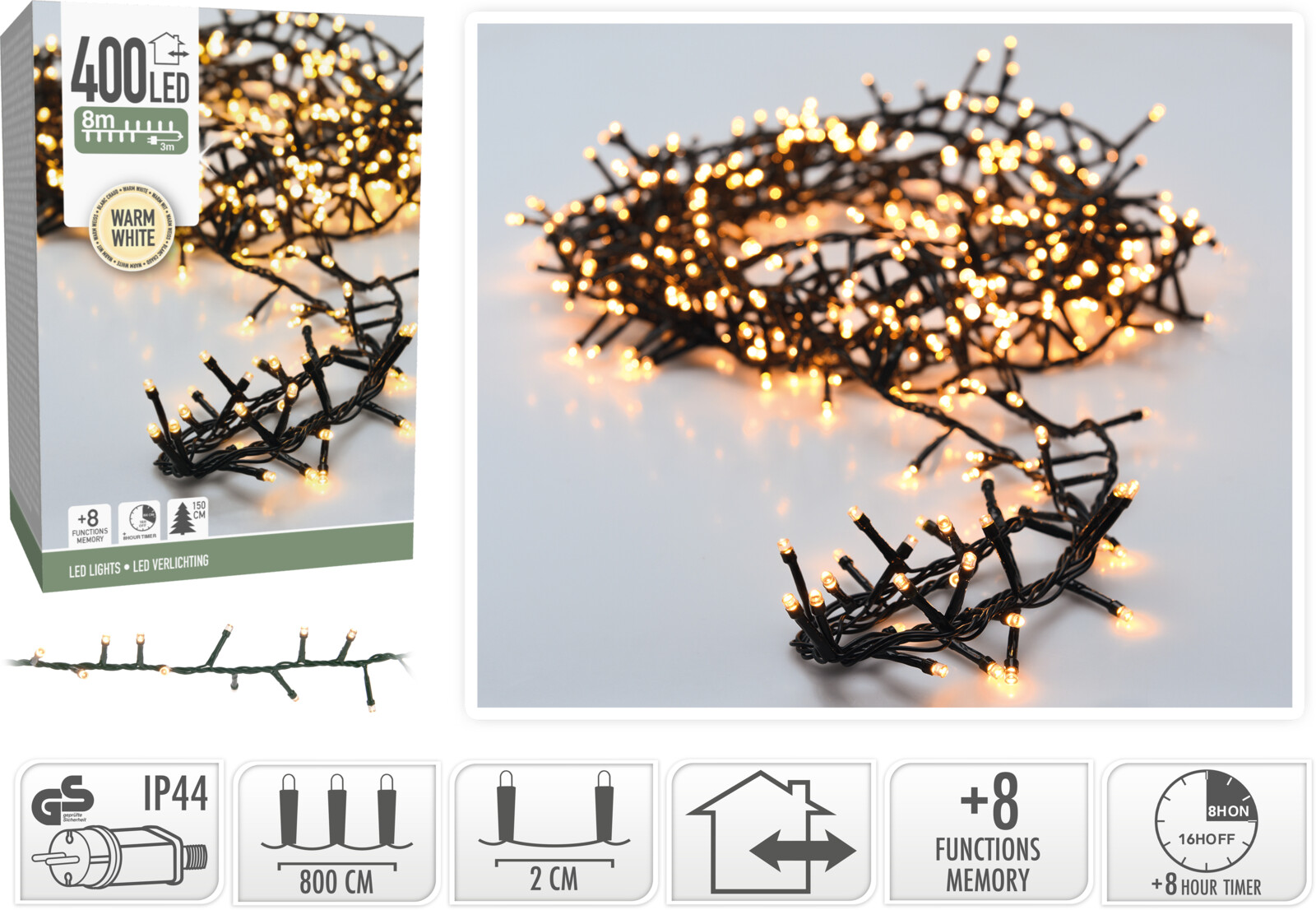 Verlichting 400LED Microcluster 8M IP44 - Warm wit