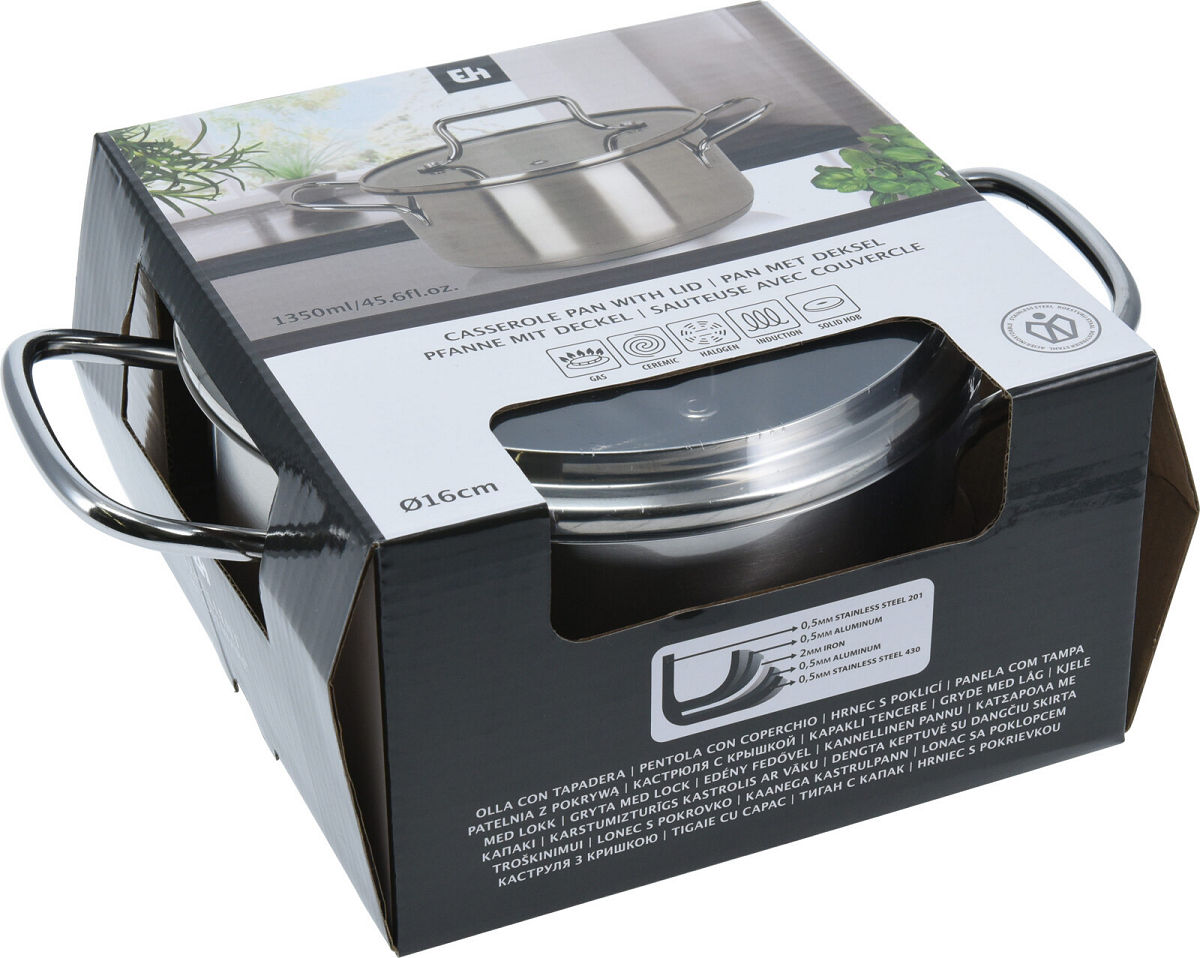 EH Kookpan RVS met glazen deksel - 16cm