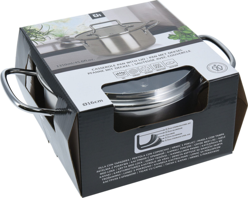 EH Kookpan RVS met glazen deksel - 16cm