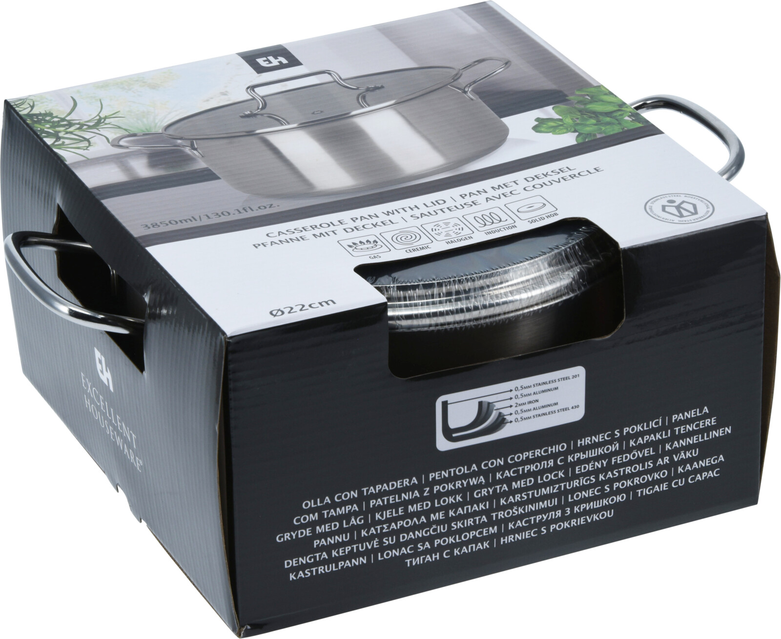 EH Kookpan RVS met glazen deksel - 22cm