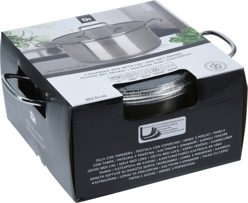 EH Kookpan RVS met glazen deksel - 22cm