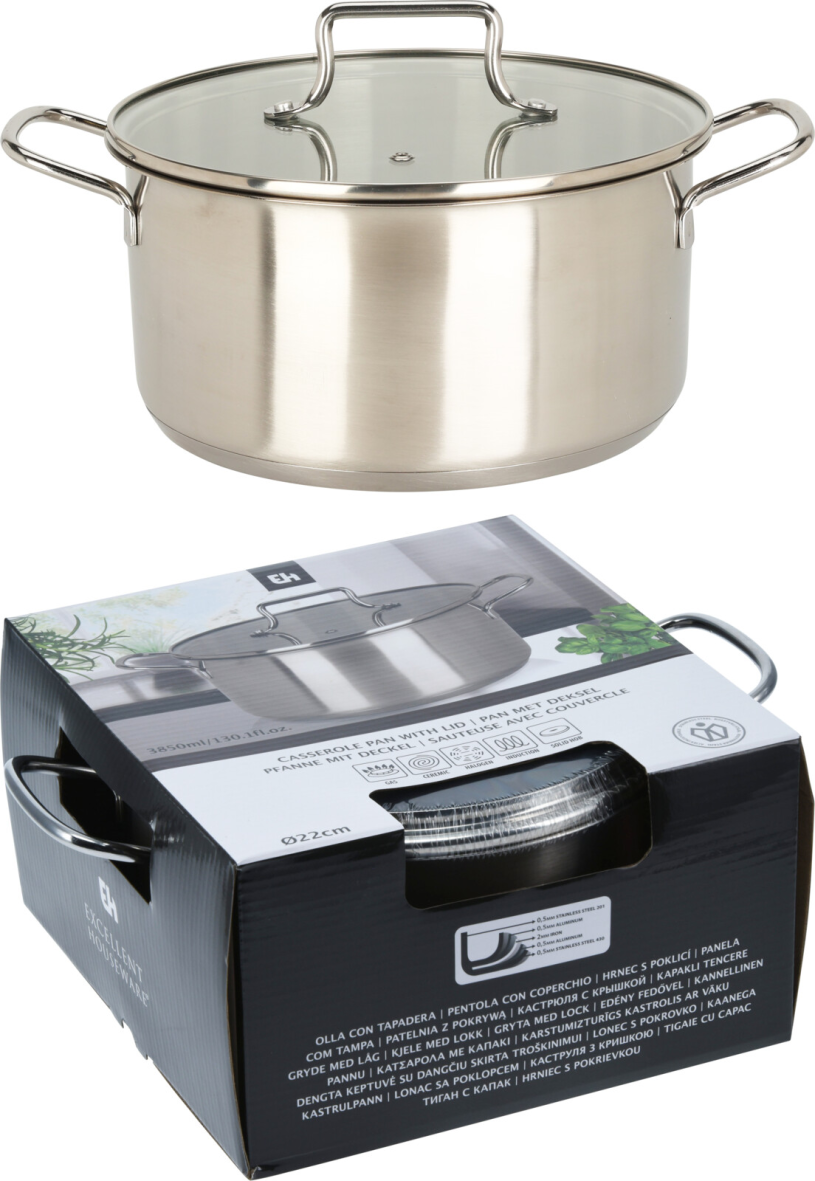 EH Kookpan RVS met glazen deksel - 22cm