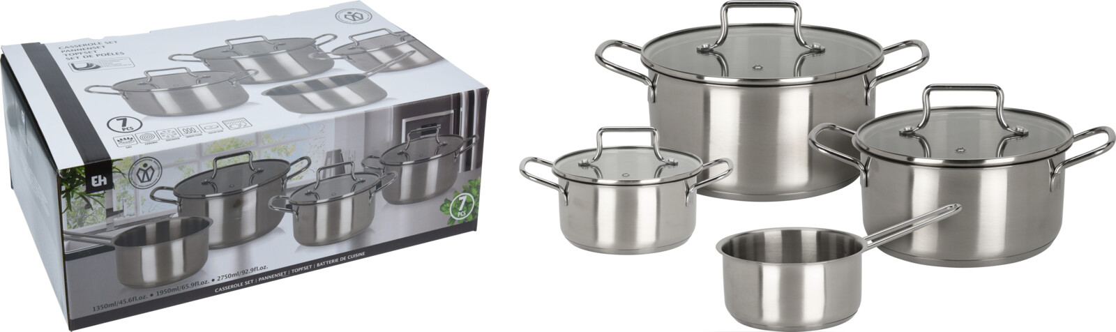 EH Pannenset RVS met glazen deksel set 7-delig