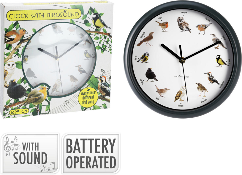 Wandklok Birds 25cm met vogel geluiden