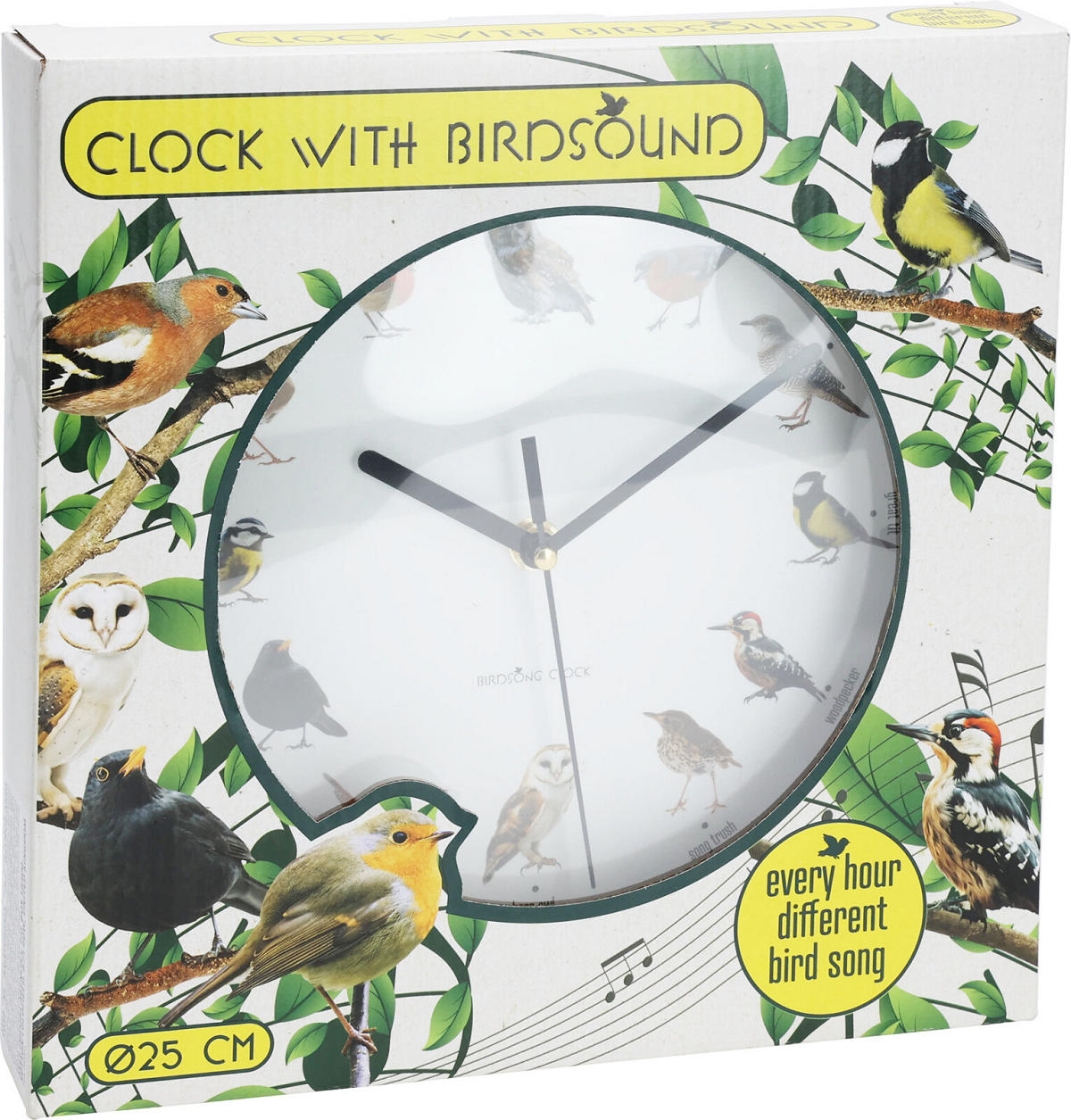 Wandklok Birds 25cm met vogel geluiden