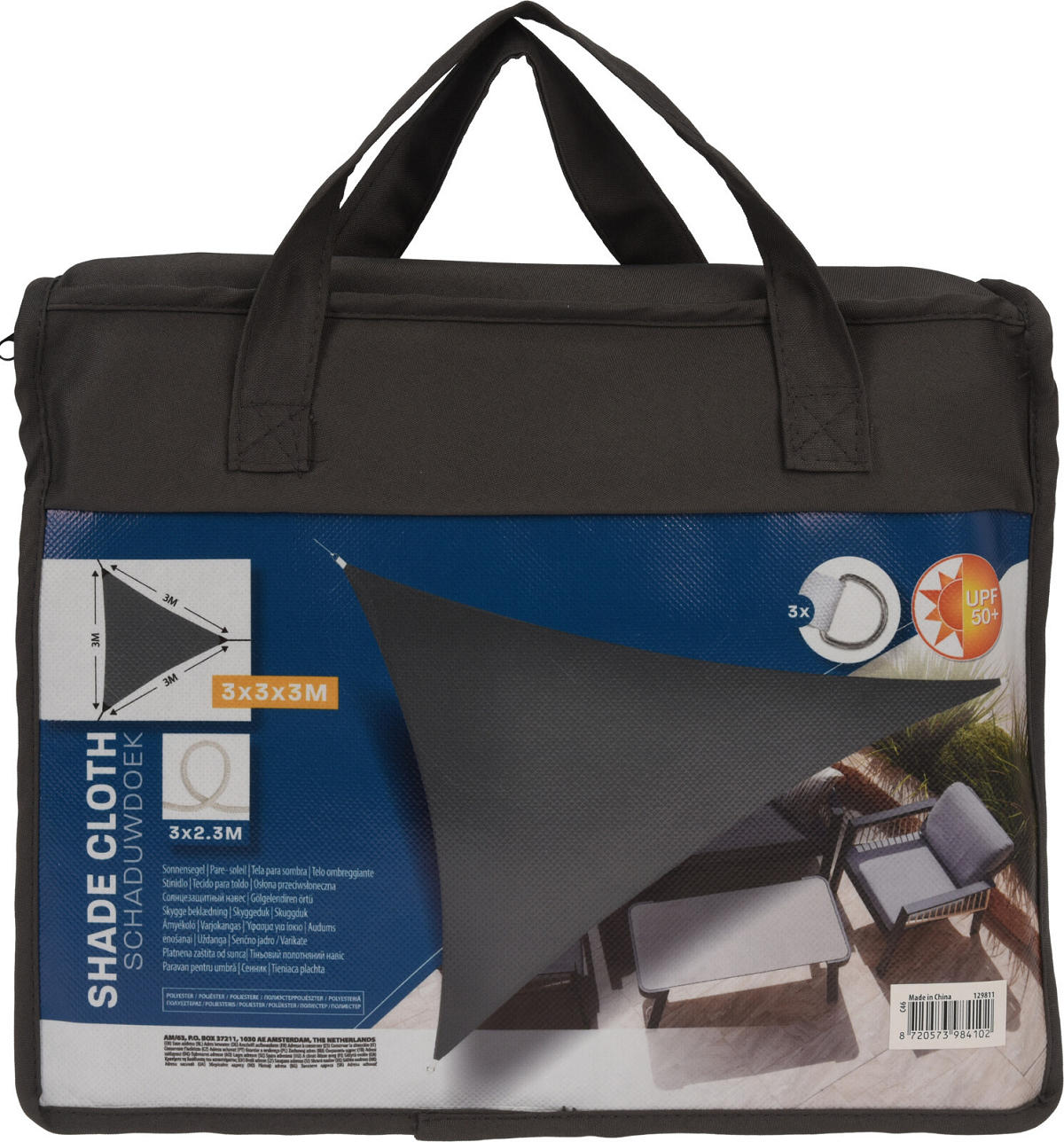 Schaduwdoek UV50+ Driehoek 3x3x3m - donker grijs