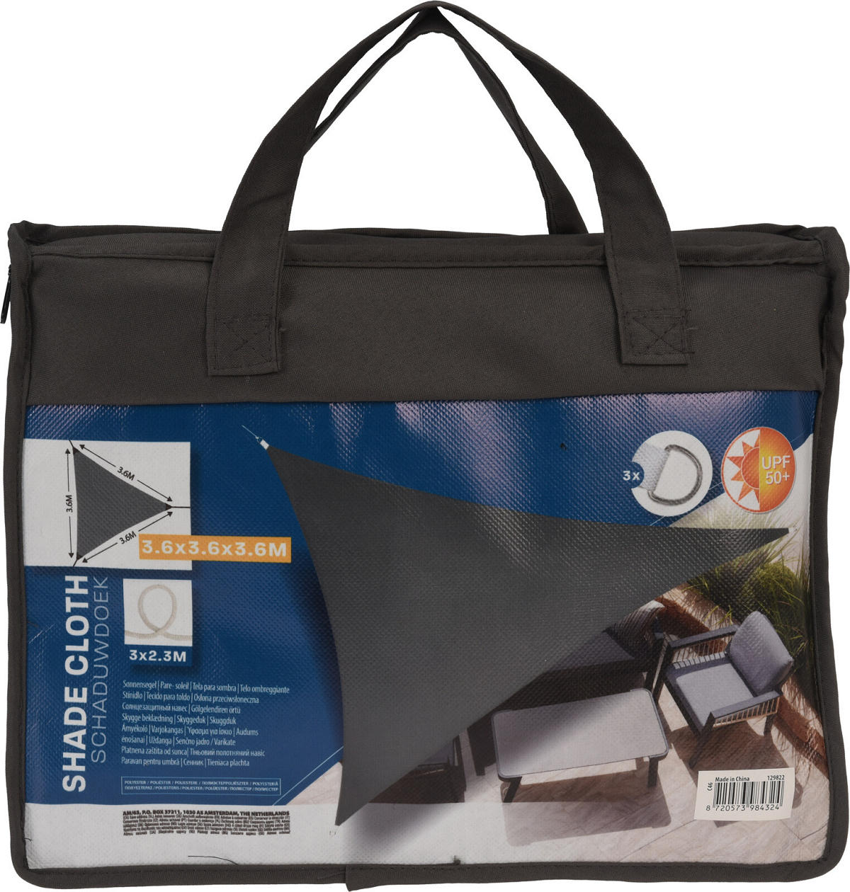 Schaduwdoek UV50+ Driehoek 3.6x3.6x3.6m - donker grijs