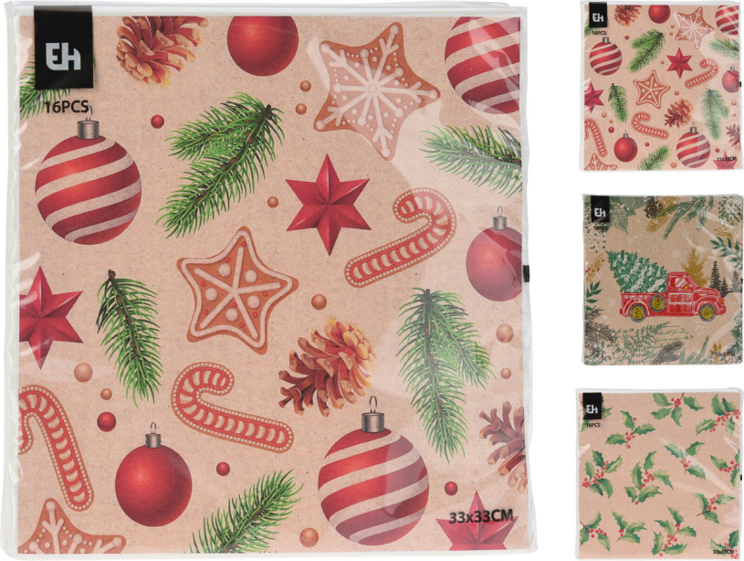 Kerstservetten Kraft 33x33cm 16 stuks 3 assorti