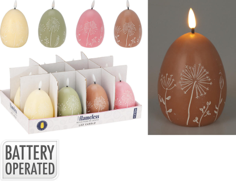 LED Kaars Paasei met bloem dessin assorti