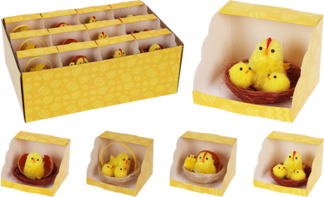 Chenillke kuikens 6cm 3 stuks in nestje in display
