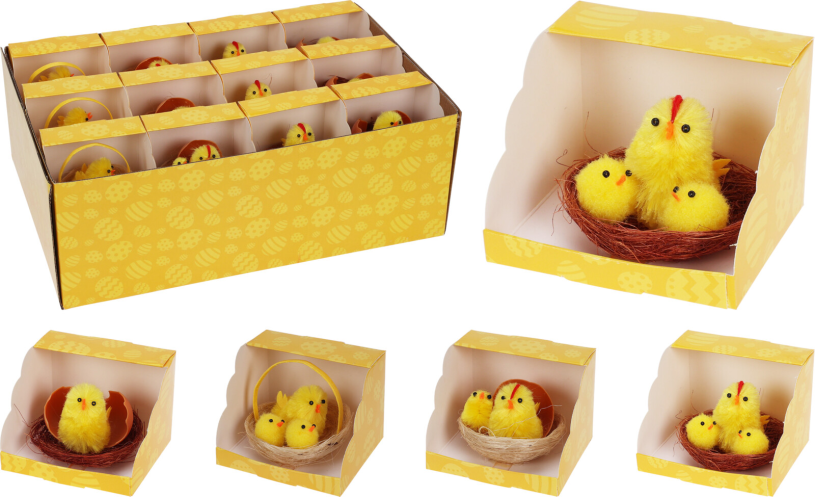 Chenillke kuikens 6cm 3 stuks in nestje in display